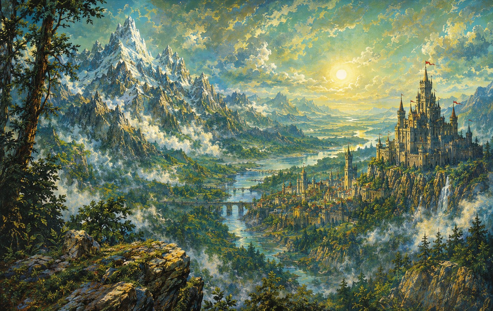 Painted fantasy landscape — the art style of Quill & Wyrm